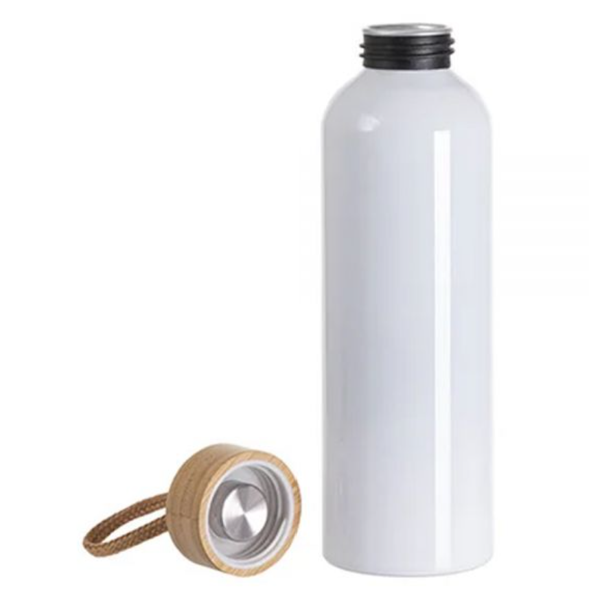 Gourde blanche en Aluminium 600 ml - Bouchon bambou personnalisé