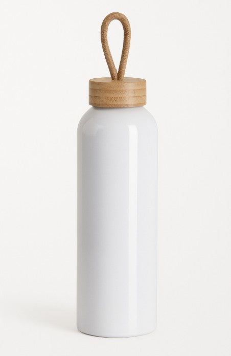 Gourde blanche en Aluminium 600 ml - Bouchon bambou personnalisé